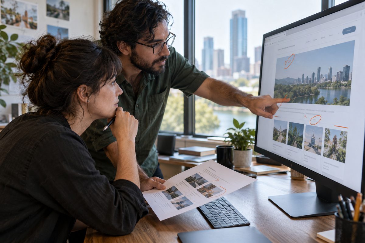 Hands reviewing marked web interface issues